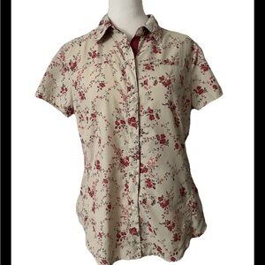 REI Cream Floral Button Down Short Sleeve Hiking Walking Top Hidden Zippers M